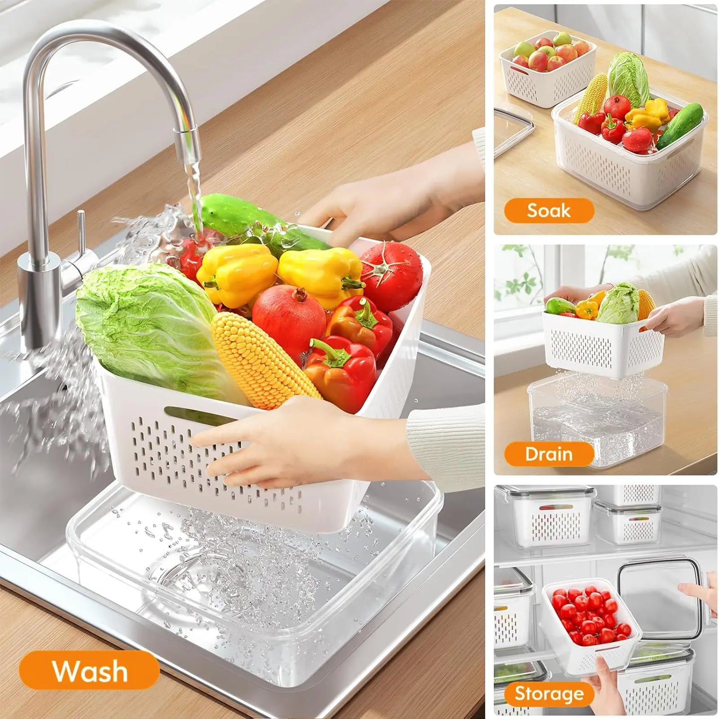 3 Pack Stackable Fridge Organizers with Removable Colander