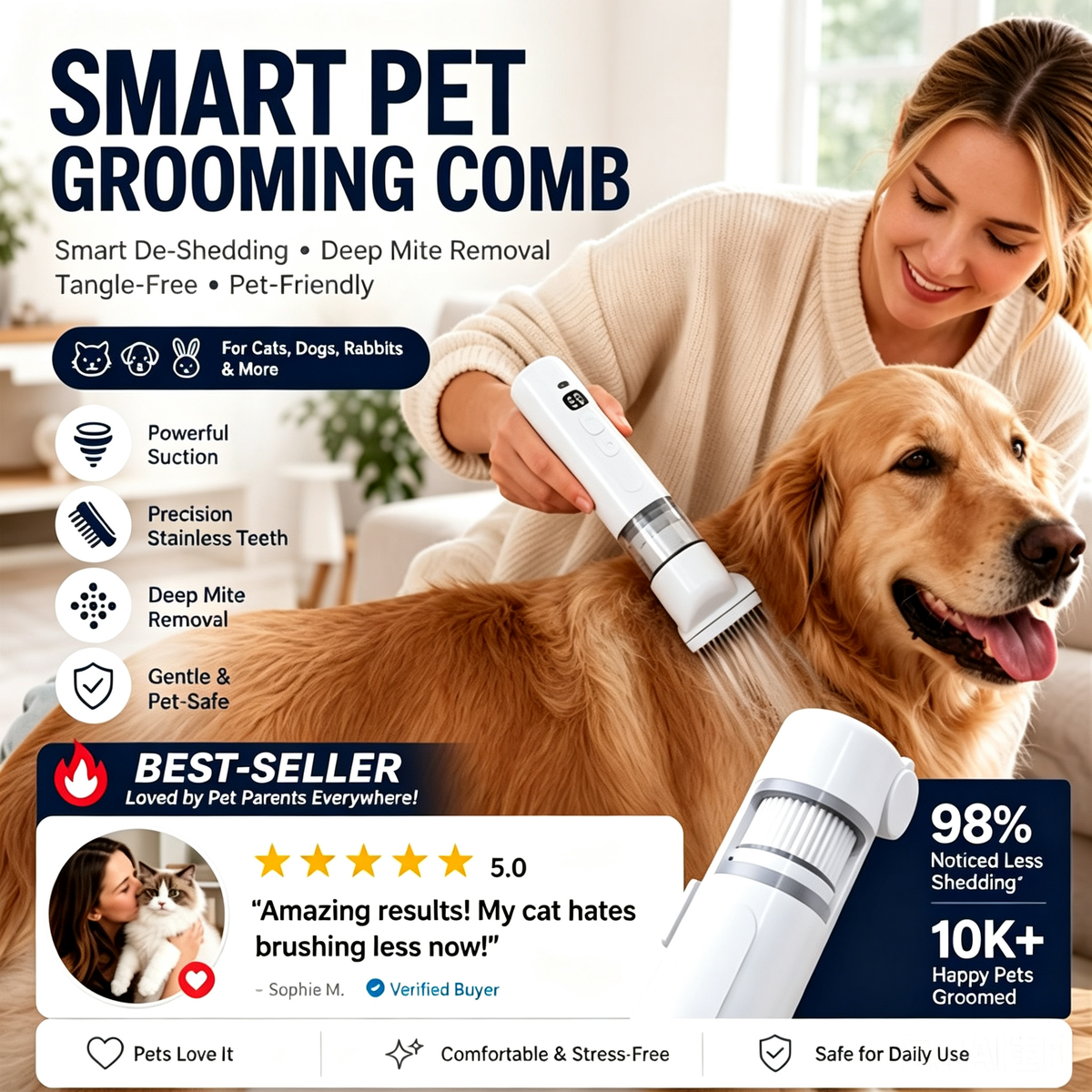 Electric Pet Grooming Comb for Dogs & Cats – Flea, Mite & Fur Care