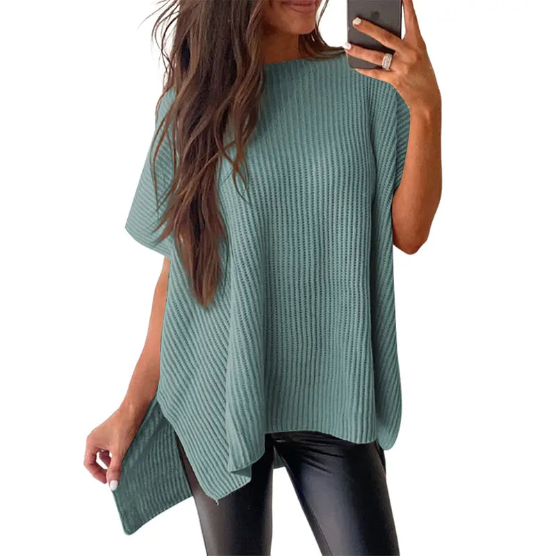 Shewin Women's Oversized Cotton Knit Sweater - Chic Soft New Year Knitwear, Casual Solid Pullover Top with Puff Short Sleeves, Round Neck, Side Slit for Work, Back-to-School,sohochic