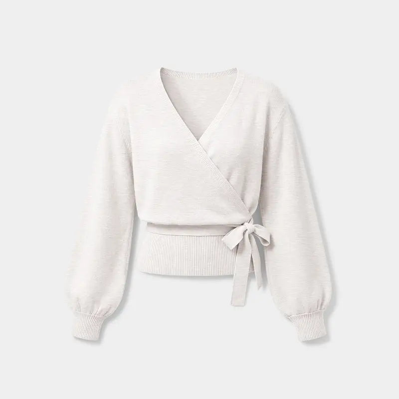 Fisoew Womens V Neck Wrap Cardigan Sweaters Casual Tie Belted Long Lantern Sleeve Slim Fit Knit Crop Pullover Tops SohoChic