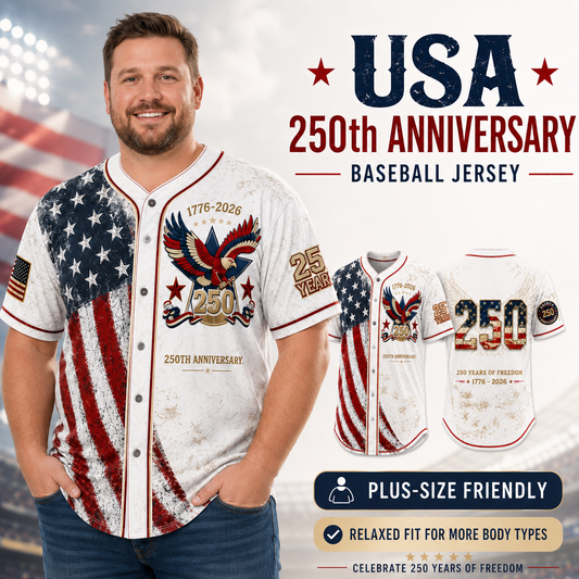 USA 250th Anniversary Baseball Jersey – Patriotic Eagle Button Shirt Plus Size Friendly