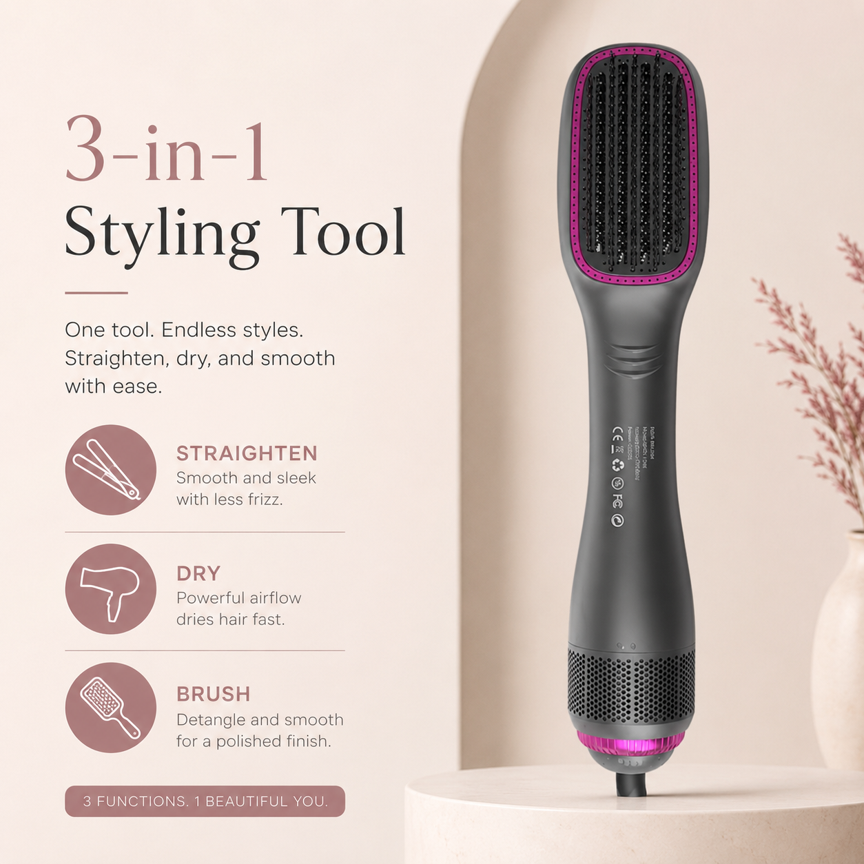 One-Step Hair Dryer and Styling Brush for Smooth Straight Hair