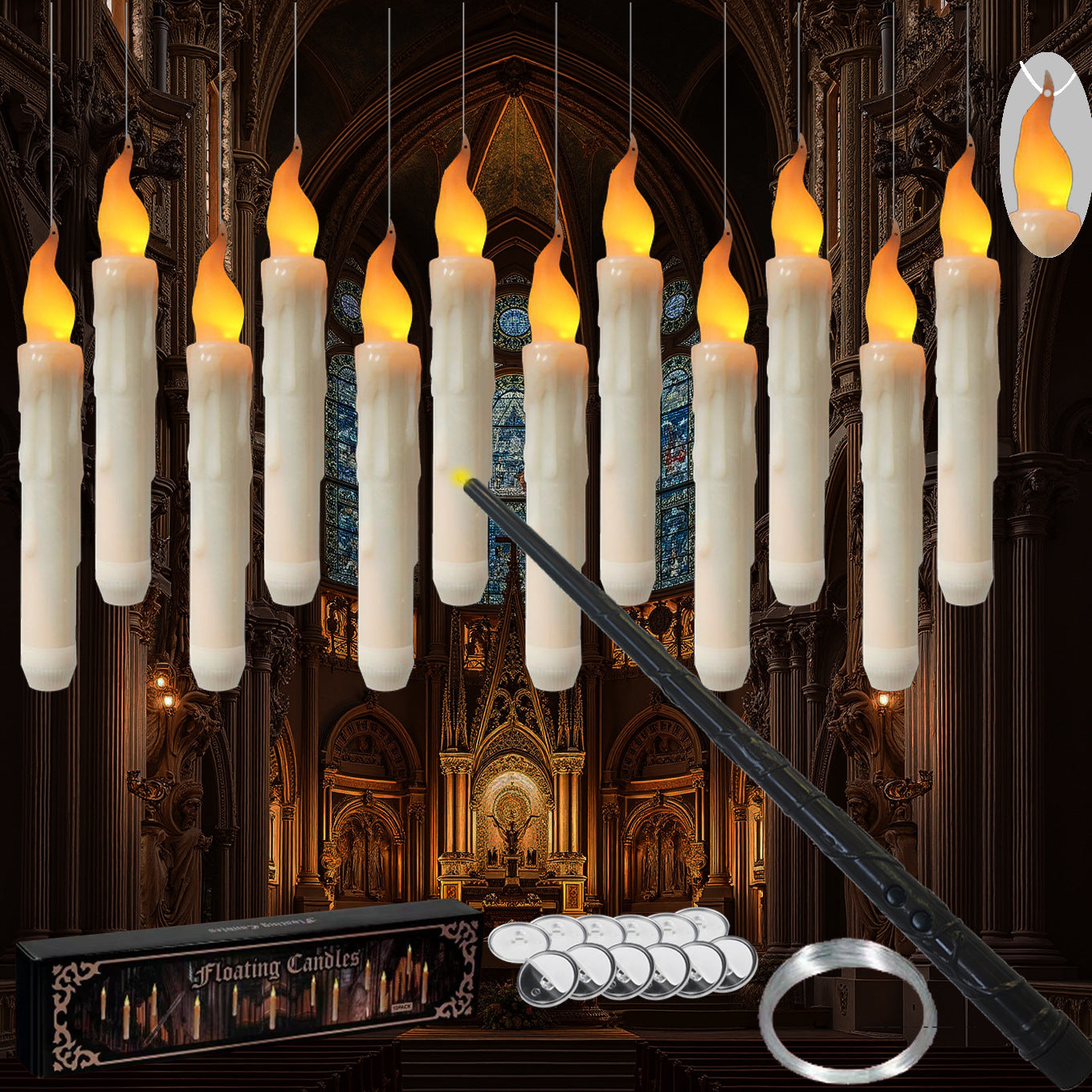 Magical Floating Candles with Wand - Flickering Taper Flameless Hanging Candles for Christmas, Halloween, Birthday Parties, Home Decor, and Gifts