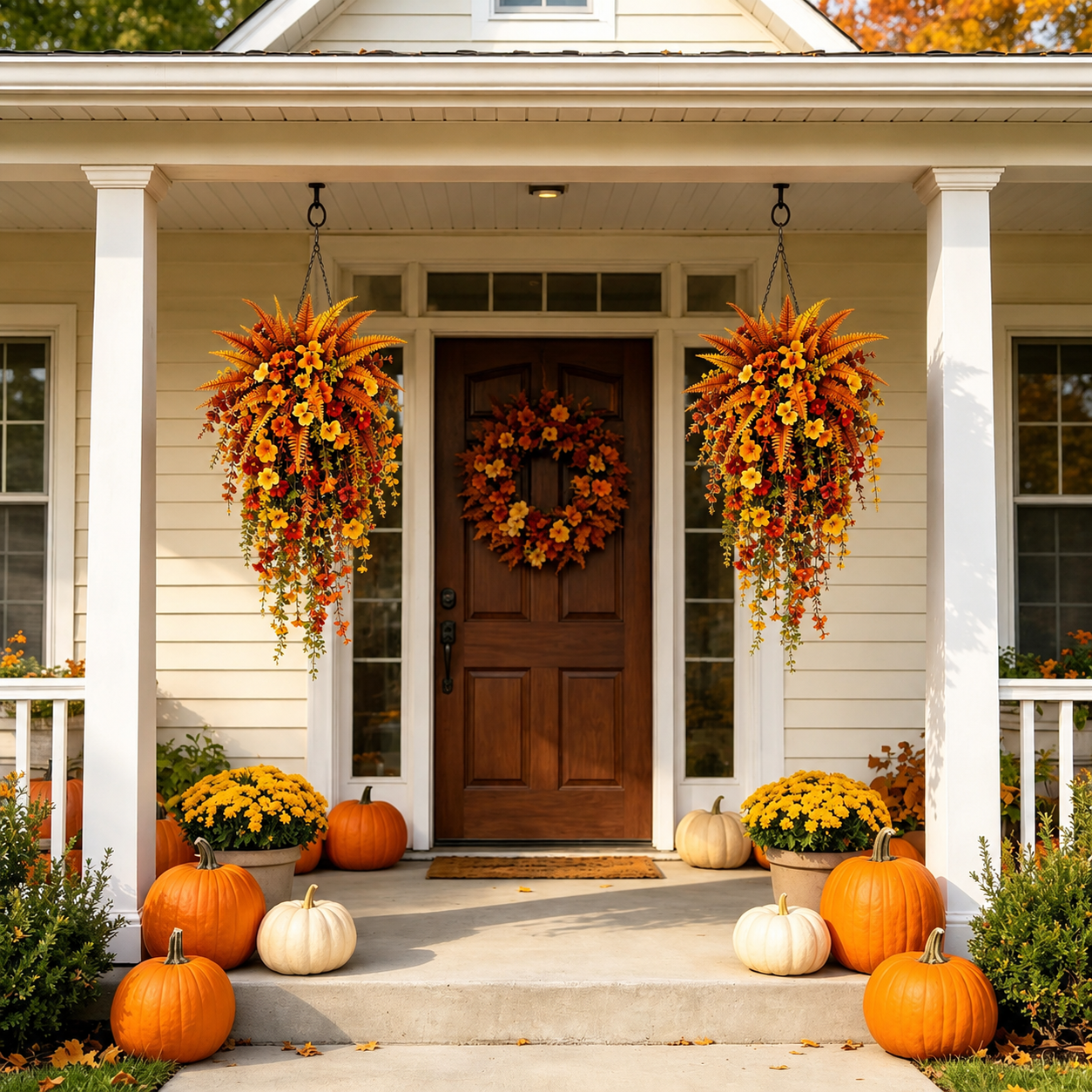 🍂 Artificial Fall Harvest Hanging Basket – Cozy Autumn Porch & Door Decor