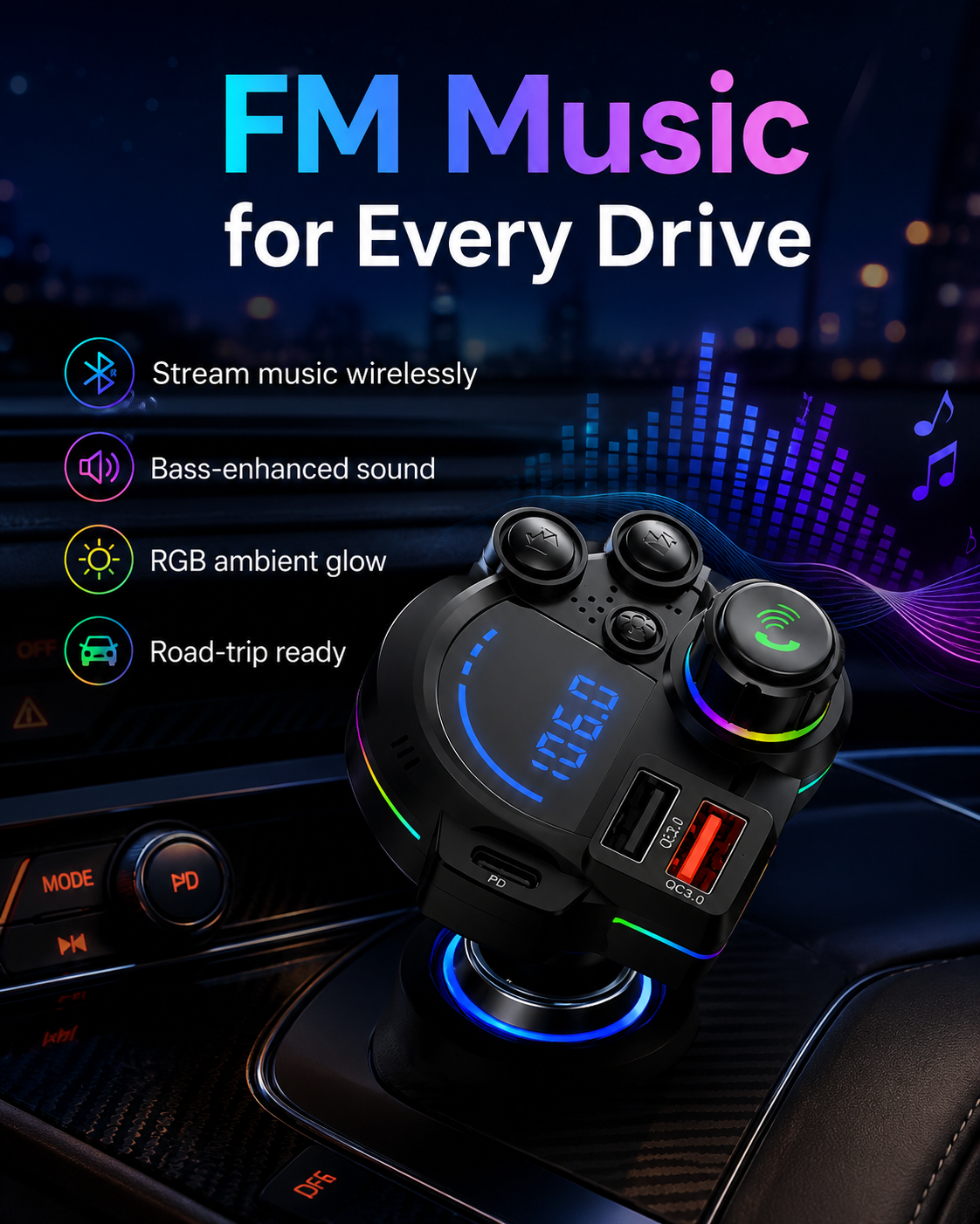 Bluetooth 5.3 Car FM Transmitter with Fast Charging & Hands-Free Calling