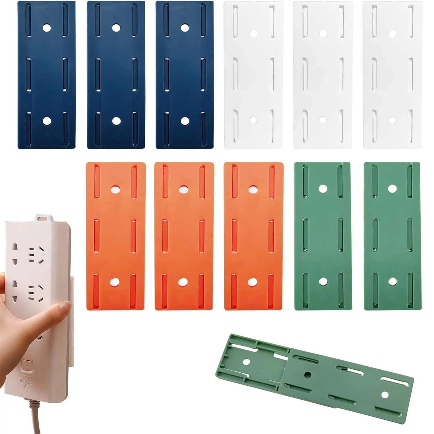 10 Counts Adhesive Punch-Free Socket Holder, Self Adhesive Desktop Socket Fixer, Power Strip Holder Wall Mount with Cable Organizer Clips, Suitable for WiFi Routers, Remote Controls