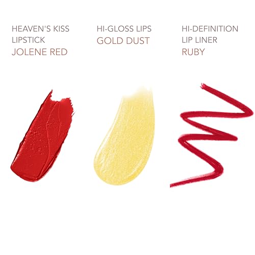 Dolly Beauty Jolene Red Lip Bundle - Heaven's Kiss Lipstick in Jolene Red, Hi-Gloss Lips Lip Gloss in Gold Dust, and Hi-Definition Lip Liner in Ruby - 3 Pack