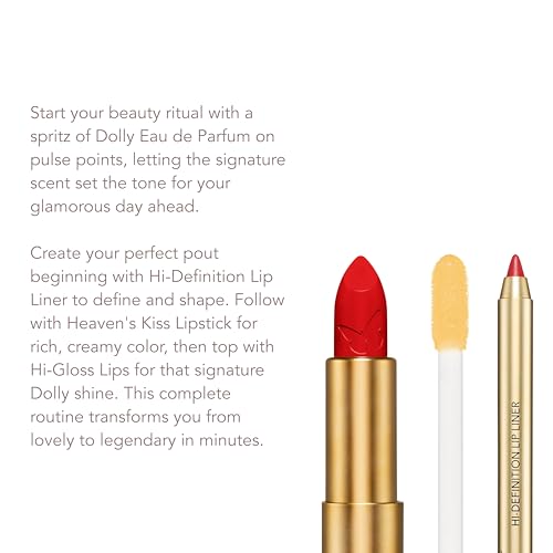 Dolly Beauty Jolene Red Lip Bundle - Heaven's Kiss Lipstick in Jolene Red, Hi-Gloss Lips Lip Gloss in Gold Dust, and Hi-Definition Lip Liner in Ruby - 3 Pack