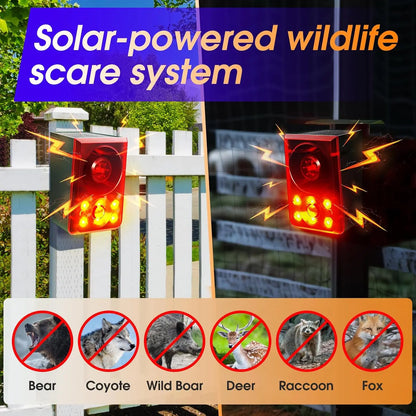 ☀️Solar Outdoor Motion Sensor Alarm - Dog Barking & Gunshot Sound, Support Recording and Volume Adjustment, 130dB Noise with Flashing Light to Deter Raccoon, Deer, Skunk, Bear, Coyote
