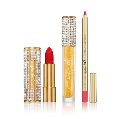 Dolly Beauty Jolene Red Lip Bundle - Heaven's Kiss Lipstick in Jolene Red, Hi-Gloss Lips Lip Gloss in Gold Dust, and Hi-Definition Lip Liner in Ruby - 3 Pack