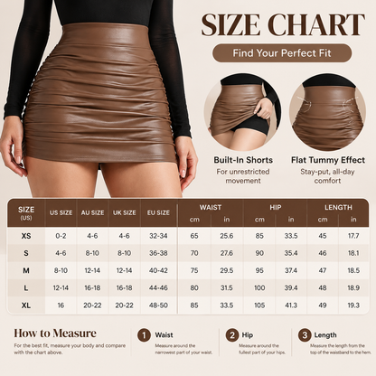 High Waisted Tummy Control Ruched Curved Hem 2-in-1 Fleece PU Mini Bodycon Skirt 🖤