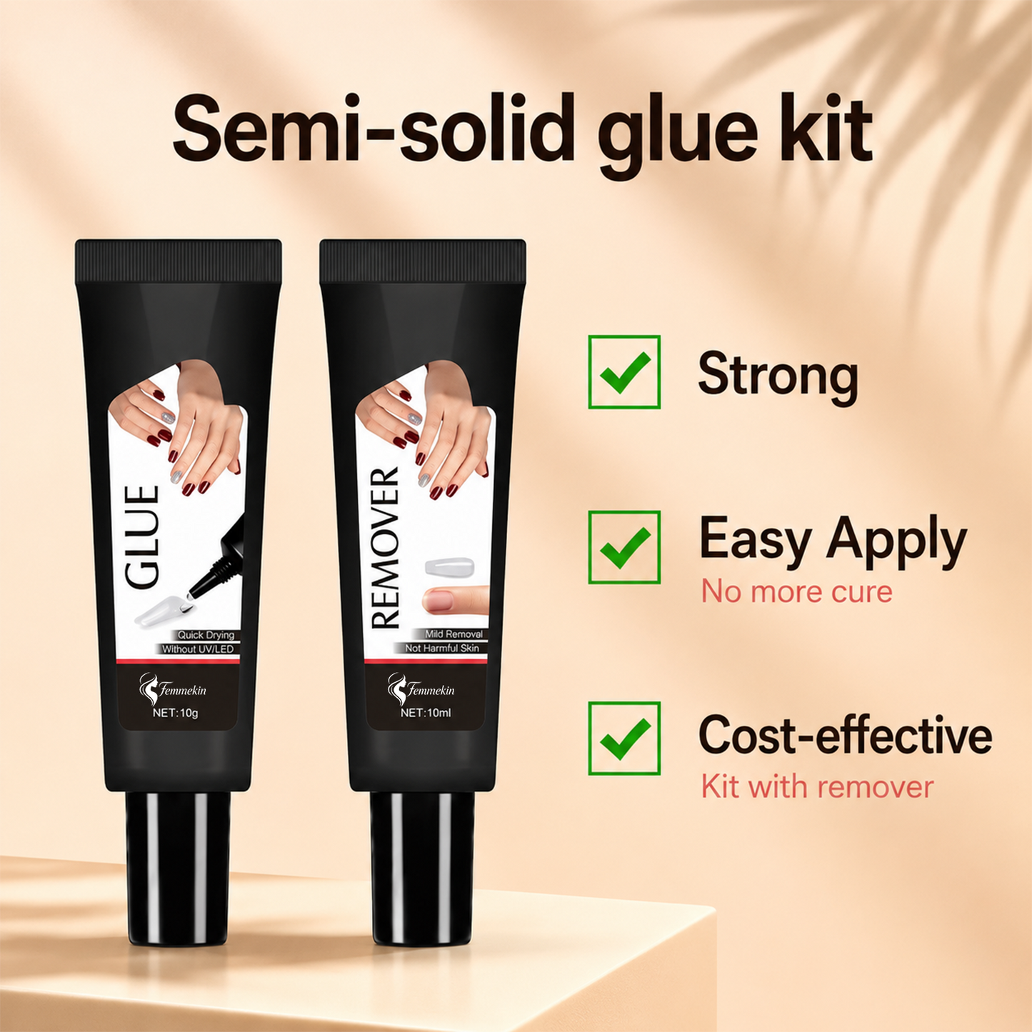 Semi Solid Nail Glue Gel with Gift Remover for Press On Nails