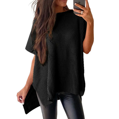 Shewin Women's Oversized Cotton Knit Sweater - Chic Soft New Year Knitwear, Casual Solid Pullover Top with Puff Short Sleeves, Round Neck, Side Slit for Work, Back-to-School,sohochic