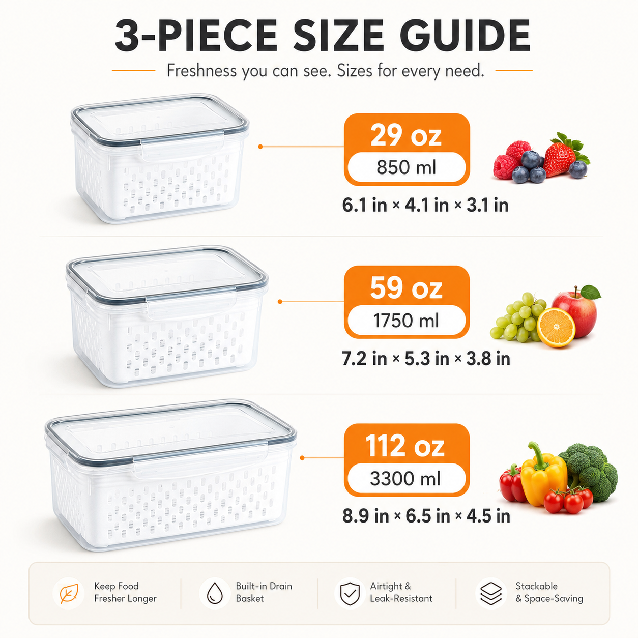 3 Pack Stackable Fridge Organizers with Removable Colander