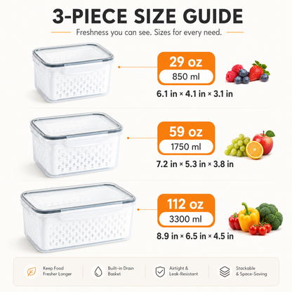 3 Pack Stackable Fridge Organizers with Removable Colander