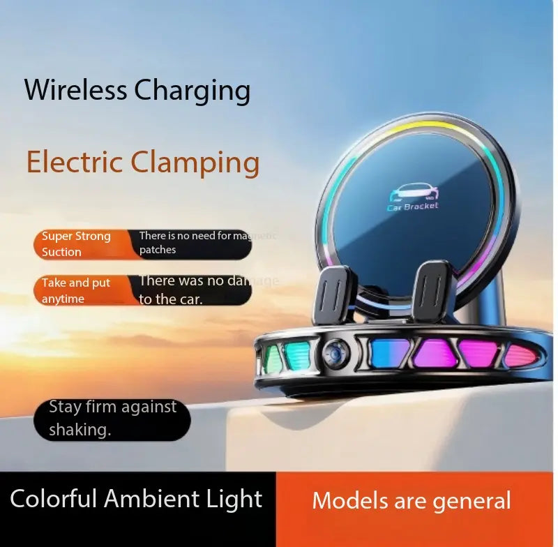 【DealsForYouDays】360° Rotating Wireless Charging Car Phone Mount with RGB Ambient Light — Ultra-Stable Suction, Auto-Lock, Fits Dashboard, Windshield, Compatible with iPhone and Android