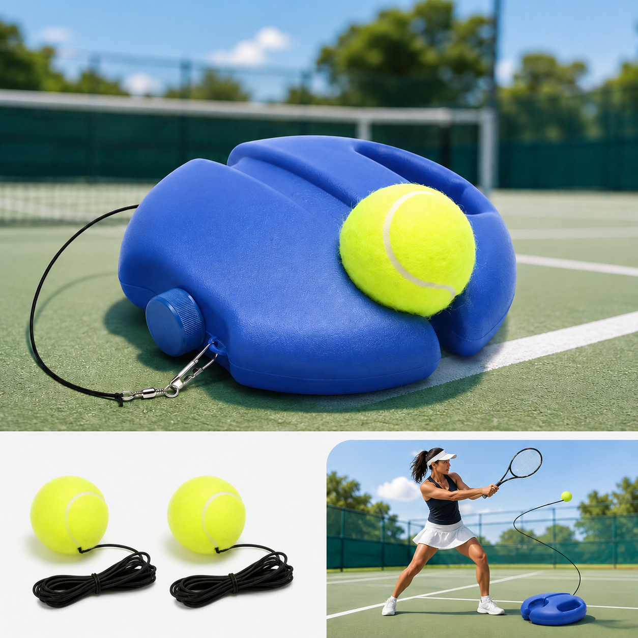 2 Piece Portable Tennis Trainer Set with Rebound Balls