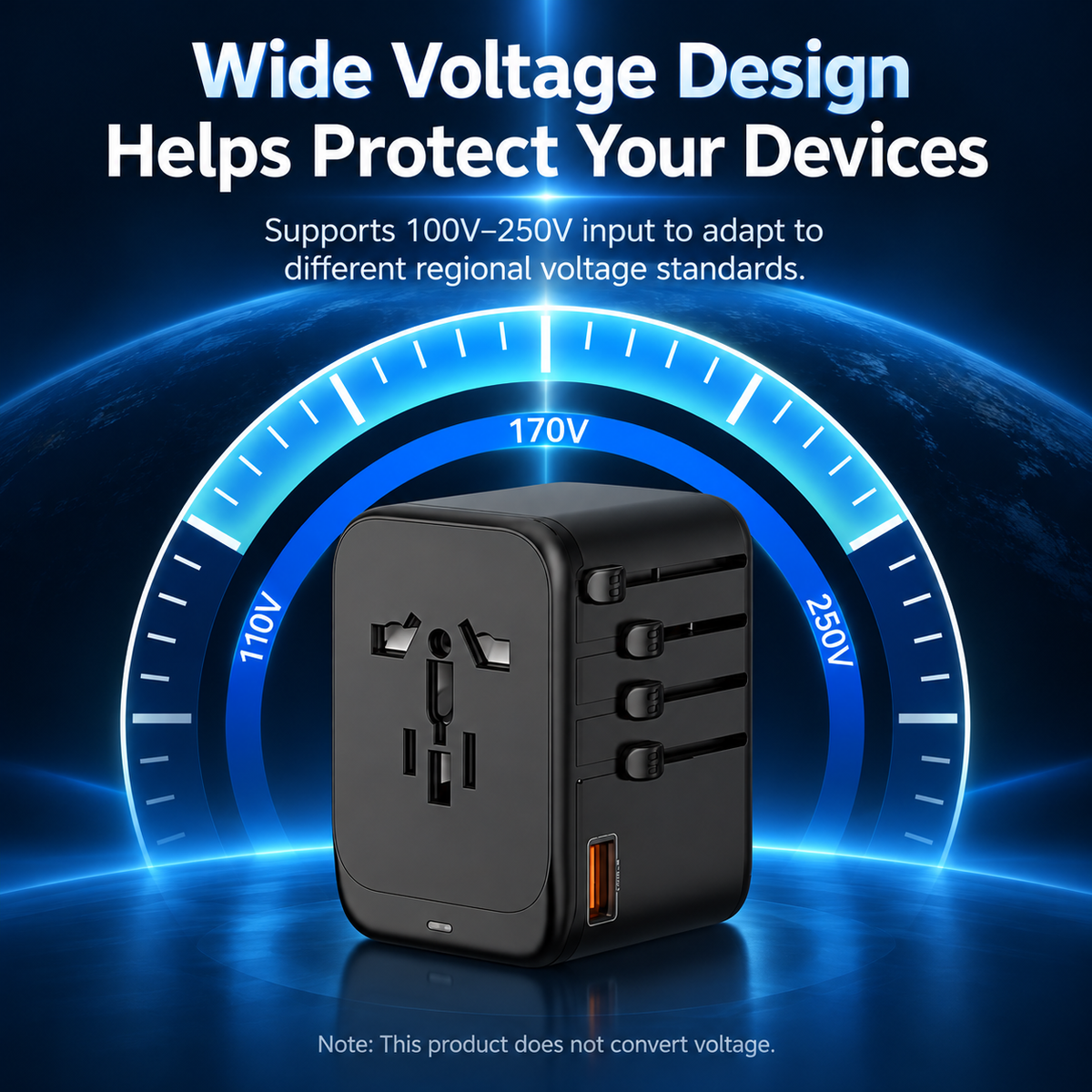 Global Travel Charger (65W, 4-Port, GaN, Integrated Plug)