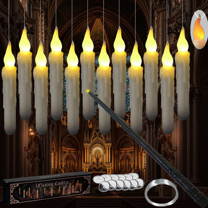 Magical Floating Candles with Wand - Flickering Taper Flameless Hanging Candles for Christmas, Halloween, Birthday Parties, Home Decor, and Gifts