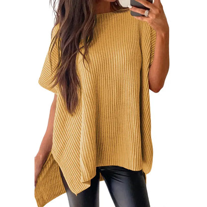 Shewin Women's Oversized Cotton Knit Sweater - Chic Soft New Year Knitwear, Casual Solid Pullover Top with Puff Short Sleeves, Round Neck, Side Slit for Work, Back-to-School,sohochic