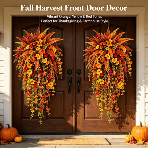 🍂 Artificial Fall Harvest Hanging Basket – Cozy Autumn Porch & Door Decor