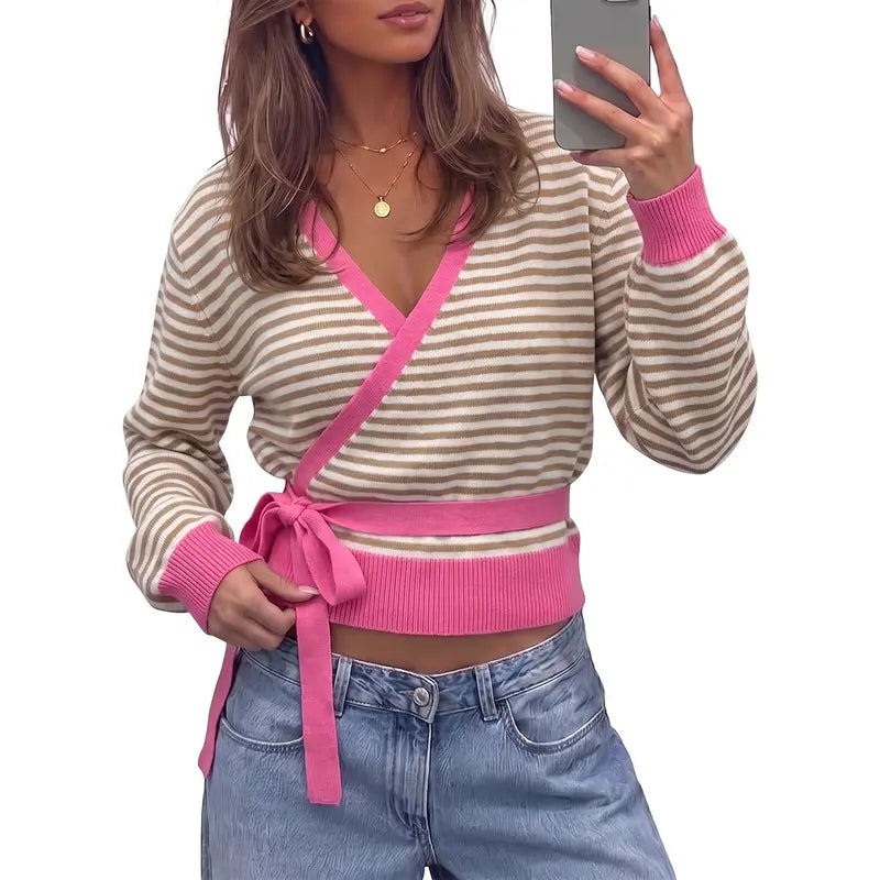 Fisoew Womens V Neck Wrap Cardigan Sweaters Casual Tie Belted Long Lantern Sleeve Slim Fit Knit Crop Pullover Tops SohoChic