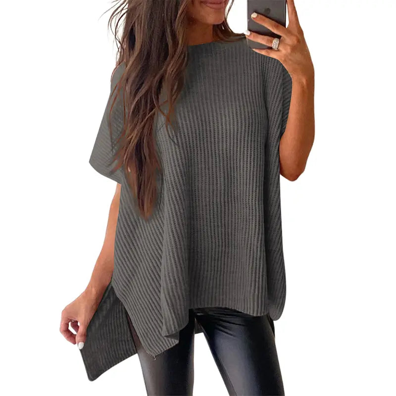 Shewin Women's Oversized Cotton Knit Sweater - Chic Soft New Year Knitwear, Casual Solid Pullover Top with Puff Short Sleeves, Round Neck, Side Slit for Work, Back-to-School,sohochic