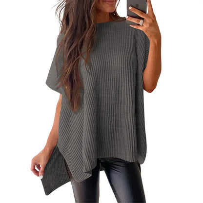 Shewin Women's Oversized Cotton Knit Sweater - Chic Soft New Year Knitwear, Casual Solid Pullover Top with Puff Short Sleeves, Round Neck, Side Slit for Work, Back-to-School,sohochic