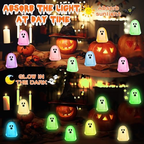 132pcs Halloween Luminous Mini Ghosts Figures 6 Colours Glow in The Dark Miniature Resin Ghost Figurines to Hide Bulk Tiny Small Statue for Halloween Party Favors Micro Garden Dollhouse Decorations