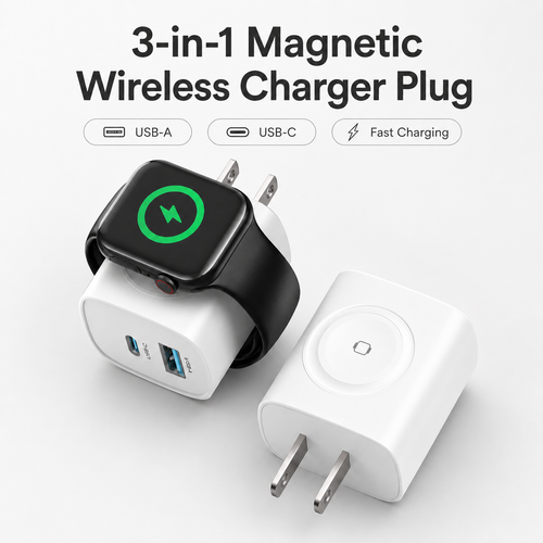 3-in-1 Magnetic Wireless Charger Plug with USB-C Fast Charging