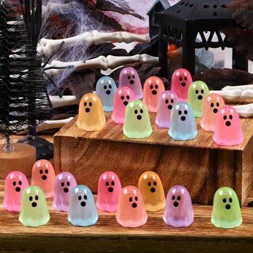 132pcs Halloween Luminous Mini Ghosts Figures 6 Colours Glow in The Dark Miniature Resin Ghost Figurines to Hide Bulk Tiny Small Statue for Halloween Party Favors Micro Garden Dollhouse Decorations
