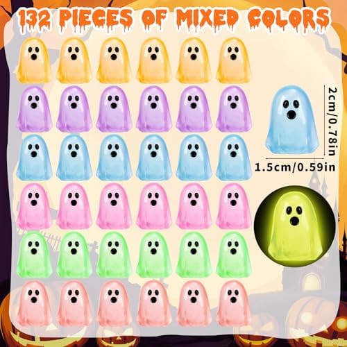132pcs Halloween Luminous Mini Ghosts Figures 6 Colours Glow in The Dark Miniature Resin Ghost Figurines to Hide Bulk Tiny Small Statue for Halloween Party Favors Micro Garden Dollhouse Decorations