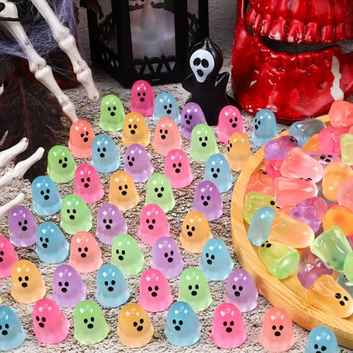 132pcs Halloween Luminous Mini Ghosts Figures 6 Colours Glow in The Dark Miniature Resin Ghost Figurines to Hide Bulk Tiny Small Statue for Halloween Party Favors Micro Garden Dollhouse Decorations
