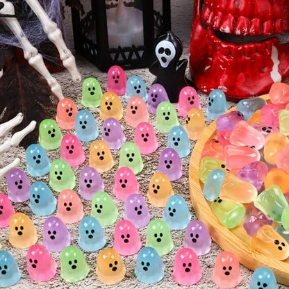 132pcs Halloween Luminous Mini Ghosts Figures 6 Colours Glow in The Dark Miniature Resin Ghost Figurines to Hide Bulk Tiny Small Statue for Halloween Party Favors Micro Garden Dollhouse Decorations