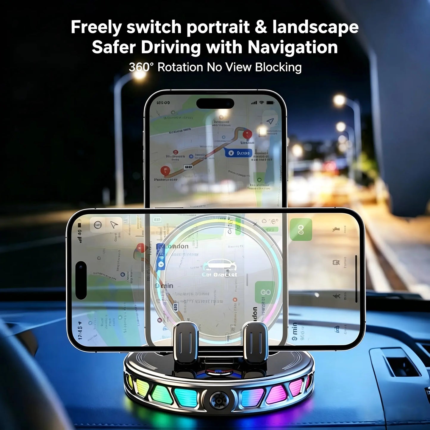 【DealsForYouDays】360° Rotating Wireless Charging Car Phone Mount with RGB Ambient Light — Ultra-Stable Suction, Auto-Lock, Fits Dashboard, Windshield, Compatible with iPhone and Android