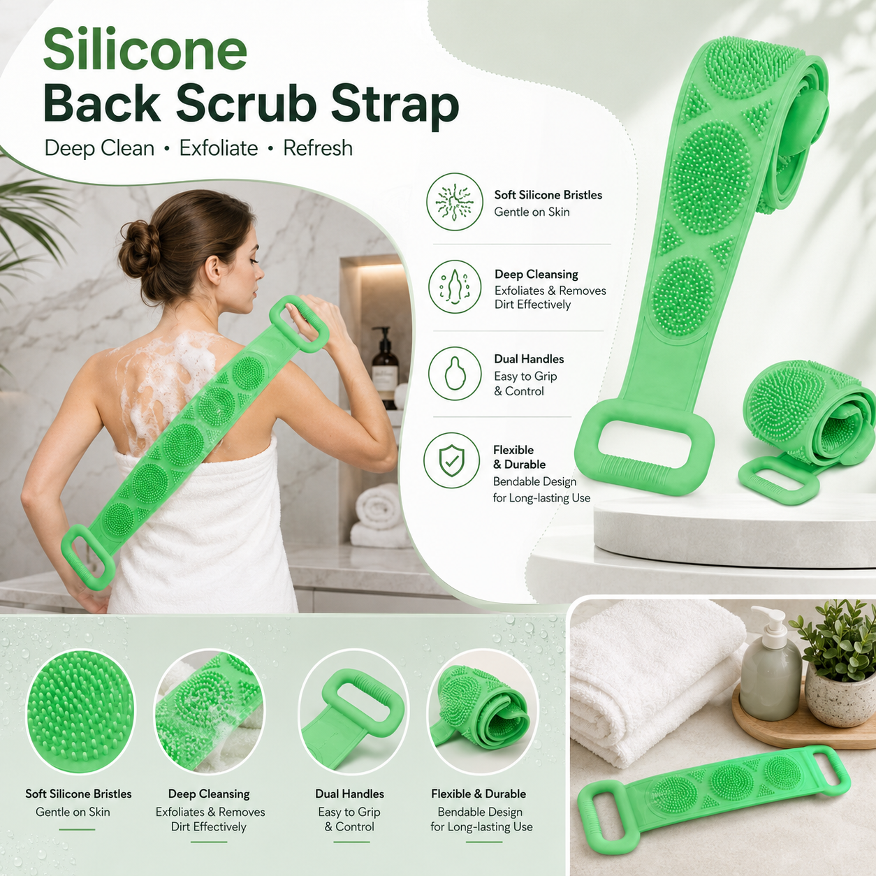 Double Sided Silicone Back Scrubber with Long Handles