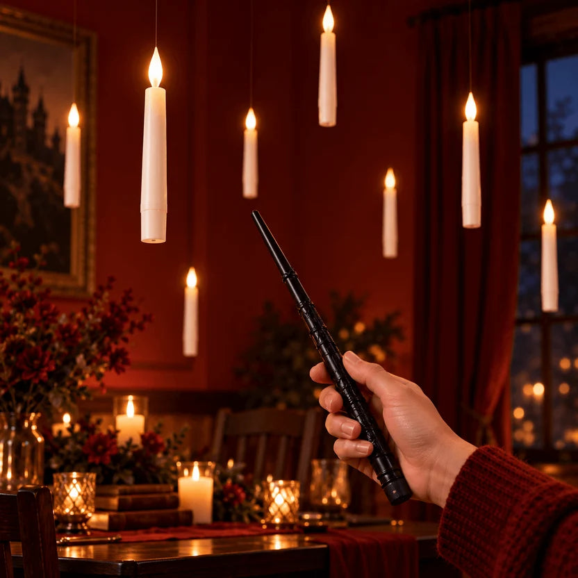 Magical Floating Candles with Wand - Flickering Taper Flameless Hanging Candles for Christmas, Halloween, Birthday Parties, Home Decor, and Gifts