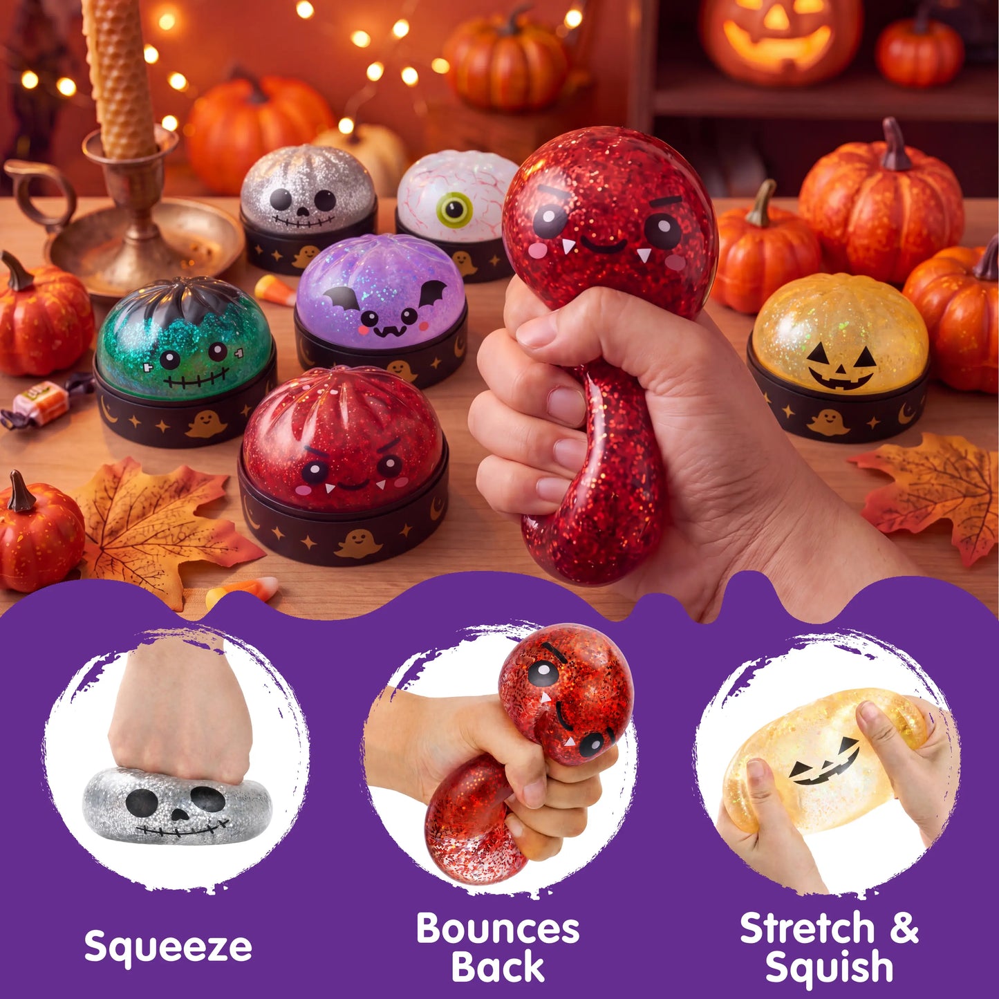 Halloween Dumpling Stress Relief Toys, 1pcs/3pcs/6pcs with Steamer Storage Boxes,Slow‑rebound maltose squishy toys, ideal for Halloween party gifts, featuring grimace pumpkin and little devil designs