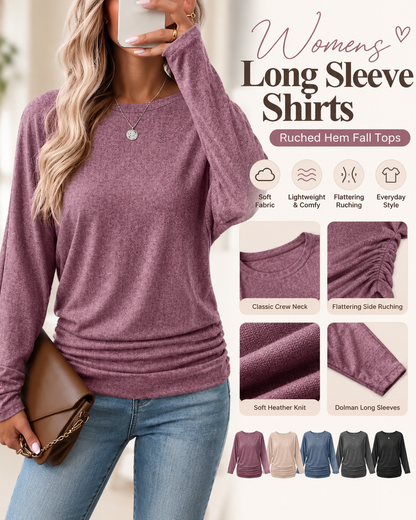 Womens Long Sleeve Shirts Ruched Hem Fall Tops Lightweight Sweaters