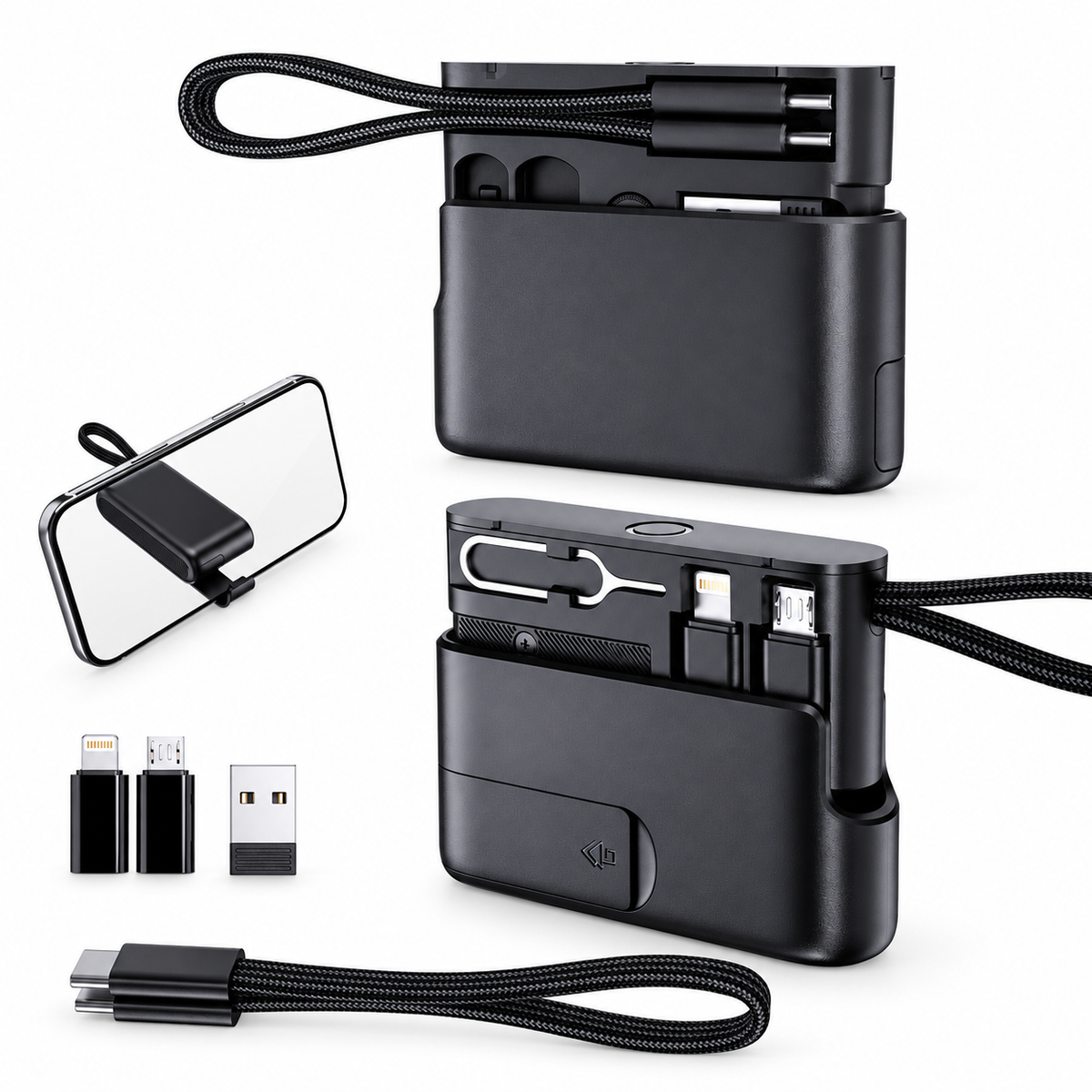 🔌 Pocket Travel Cable Kit – USB-C Cable, 3 Adapters, SIM/TF Storage & Phone Stand