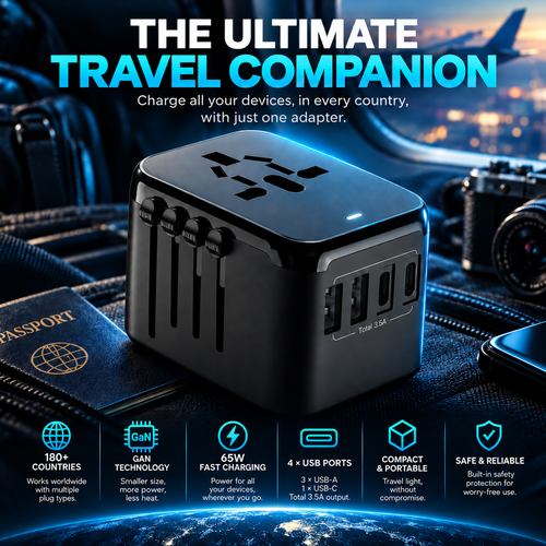 Global Travel Charger (65W, 4-Port, GaN, Integrated Plug)