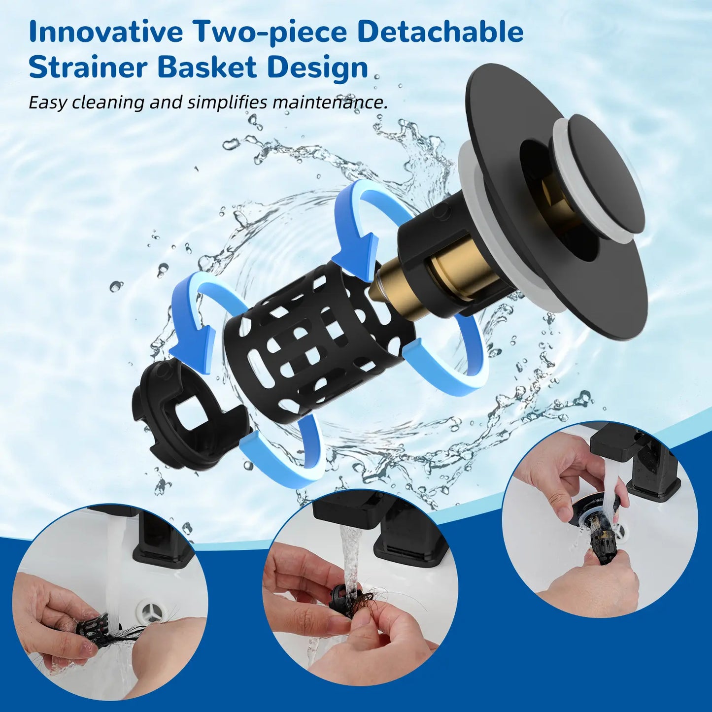 Hibbent 3 in 1 Bathroom Sink Drain Strainer - Matte Black