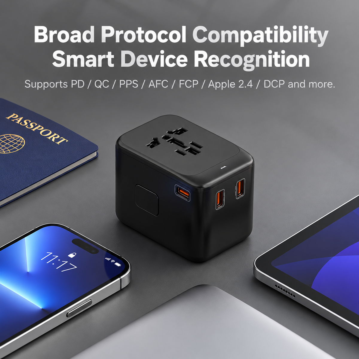 Global Travel Charger (65W, 4-Port, GaN, Integrated Plug)