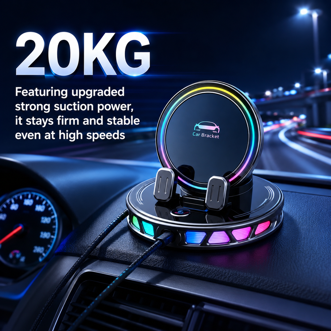 360° Rotating Wireless Charging Car Phone Mount with RGB Light