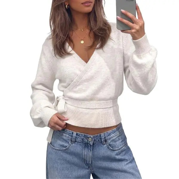 Fisoew Womens V Neck Wrap Cardigan Sweaters Casual Tie Belted Long Lantern Sleeve Slim Fit Knit Crop Pullover Tops SohoChic