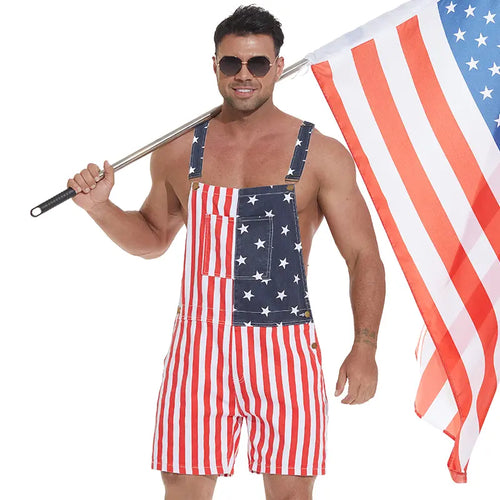 Flag Denim Overalls 4th of July Patriotic Stretch Romper for Men and Women