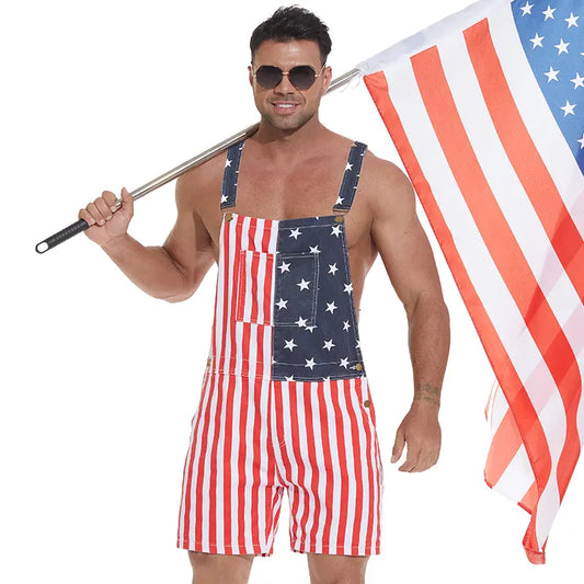 Flag Denim Overalls 4th of July Patriotic Stretch Romper for Men and Women
