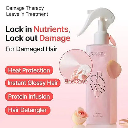 GROWUS Due Rose Damaged Hair Leave-In Treatment Spray 250ml - Haircare Beauty Products, Leave In Conditioner for Adults Wavy Dry Hair, Ceramide Keratin 7 Collagen, Anti-Frizz Glossy Shine, Rose Musk Perfume