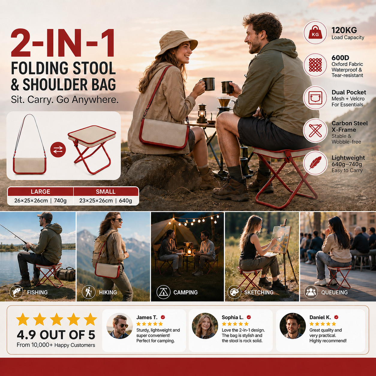 2 in 1 Portable Folding Outdoor Chair & Carry Bag