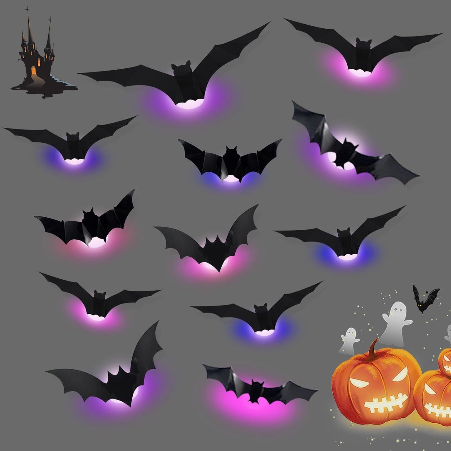 LED Bats Stickers, 3D Bats Wall Sticker Light Halloween Decoration LED Bats Light Wall Decor Halloween 3D Bat Wall Stickers Realistic Bat Attack Sticker for Home Window (12pcs)